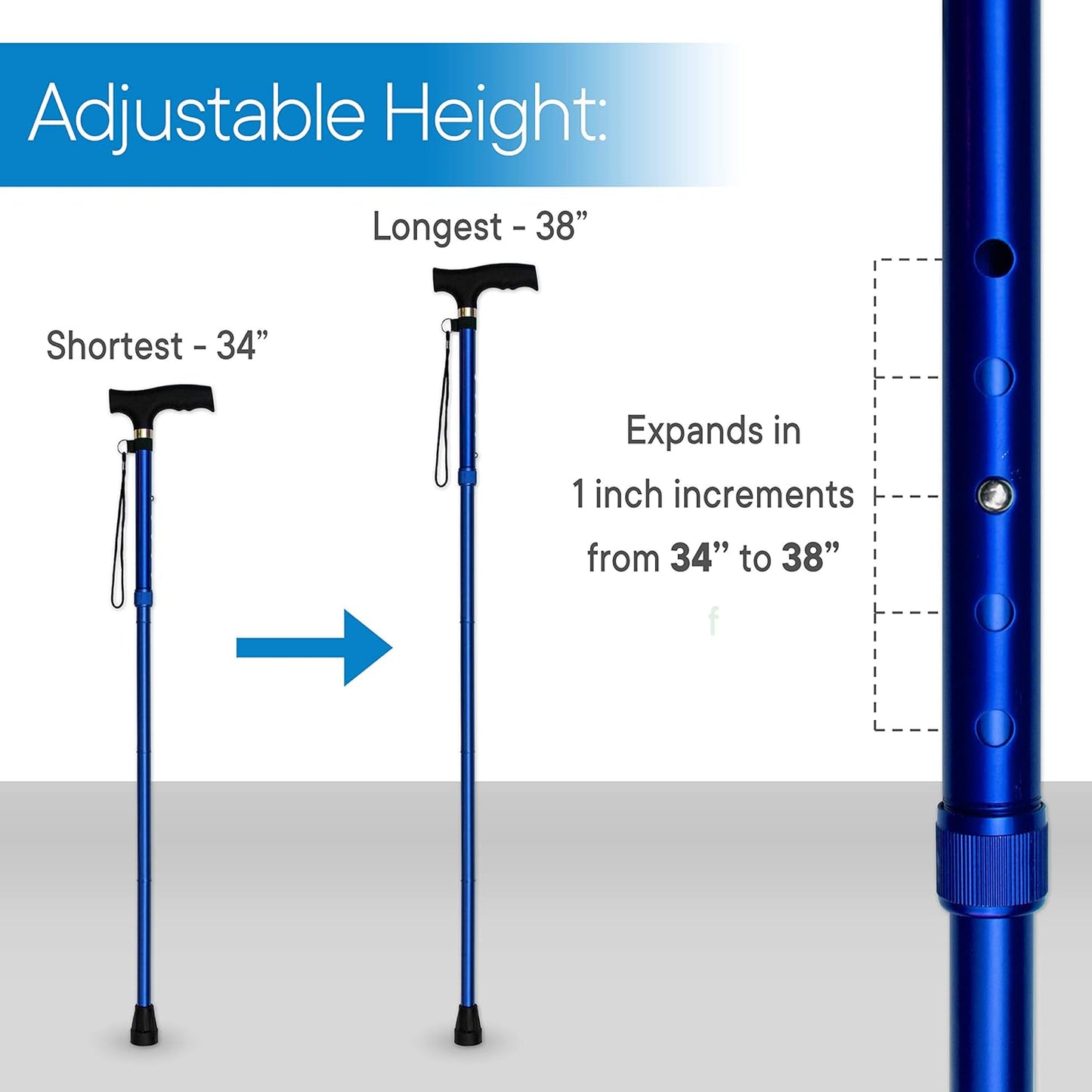 RMS Folding Cane - Foldable Walking Cane with Adjustable Height - Collapsible and Lightweight - Soft Ergonomic Handle for Comfortable Grip - Portable Walking Stick for Mobility Aid