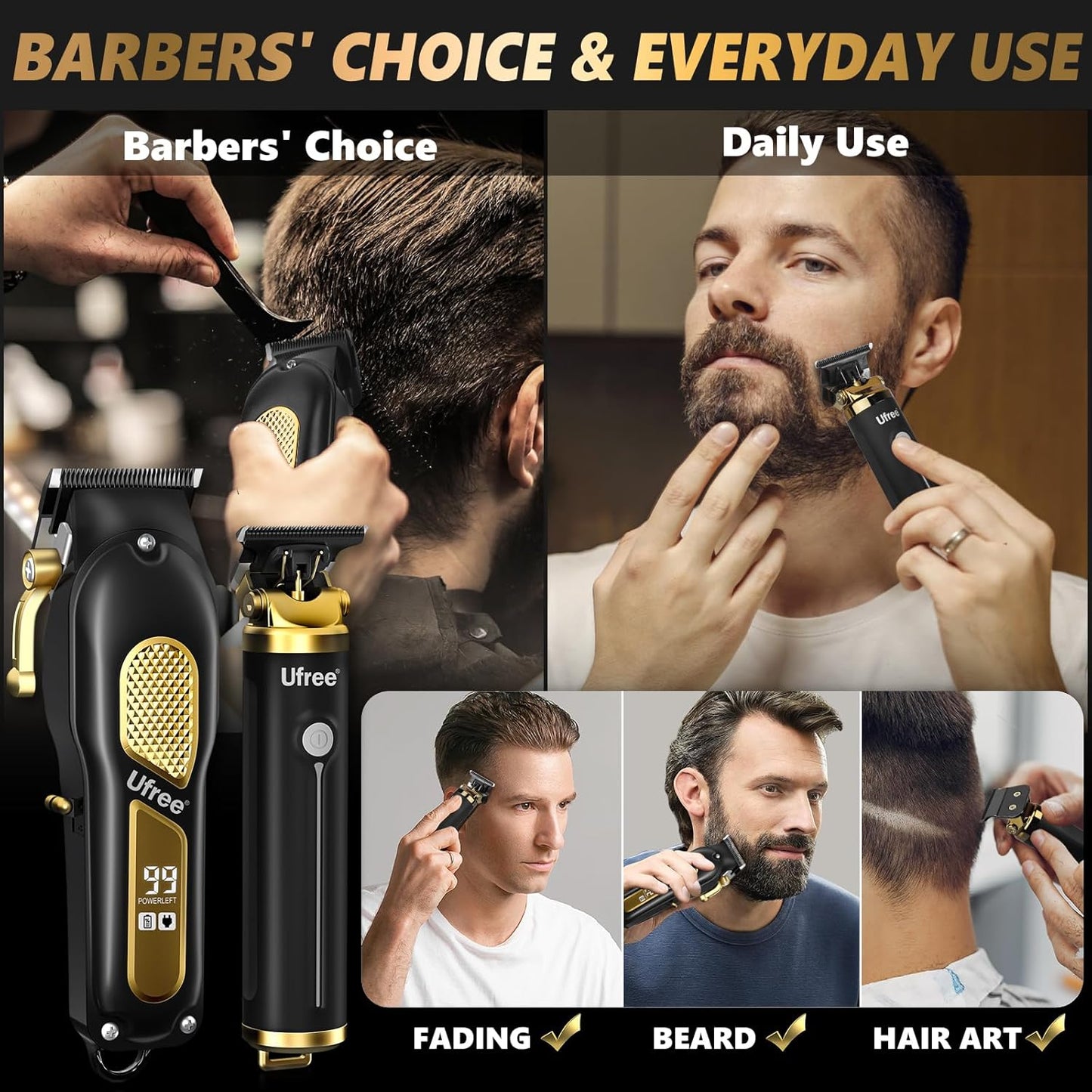 Ufree Hair Clippers for Men, Professional Clippers and Trimmers Set, Cordless Clippers for Hair Cutting, Beard Trimmer, Barber Clippers, Rechargeable Electric Shaver, Gifts for Men, Black Gold