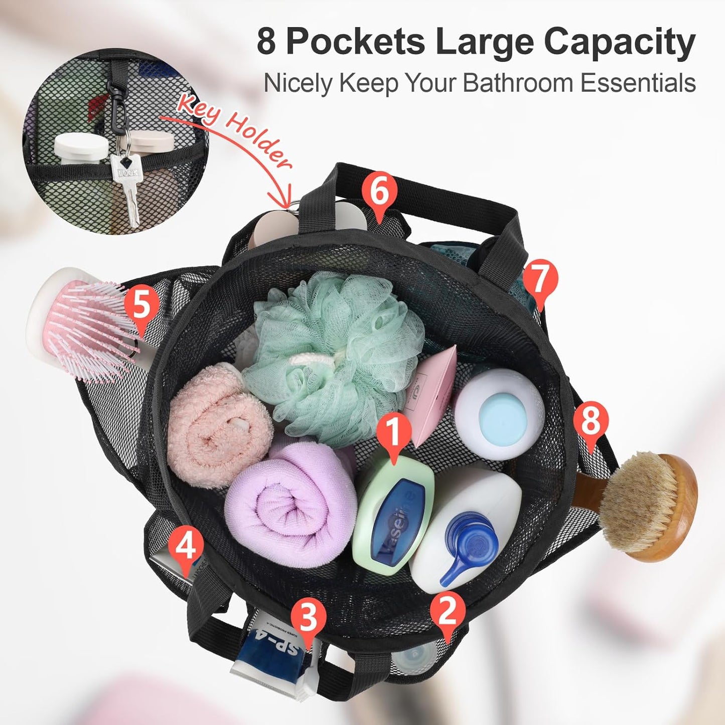 F-color Mesh Shower Caddy Portable with Drawstring - Upgrade Deeper 7 Pockets Dorm Room Essentials for Guys Girls with S Hook, Shower Bag Basket Tote for College Camping Toiletry Bathroom, Black