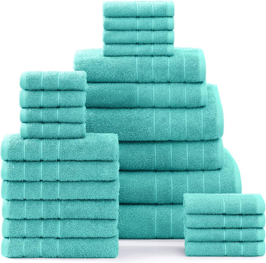 Casa Platino 100% Cotton Towels for Bathroom – 24 Pc Set – Quick Dry, Soft & Absorbent Ring Spun Terry Fabric, Full Set for Family & Guests, Hotel Feel Everyday – Aqua Sky