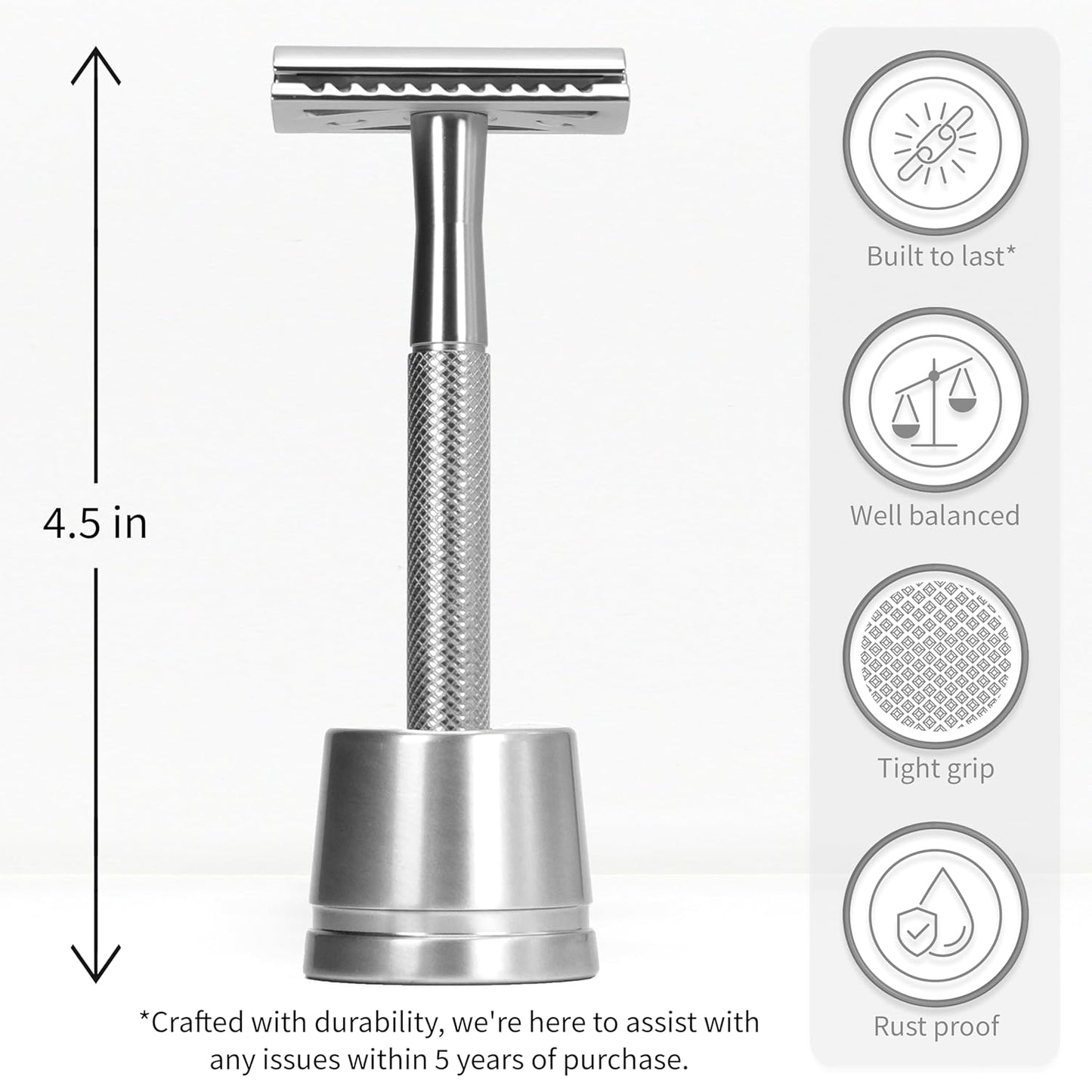 Bambaw Double Edge Safety Razor for Men with Stand, Reusable Metal Razor with 5 Double Edge Blades, Single Blade Razors for Men & Women – Silver