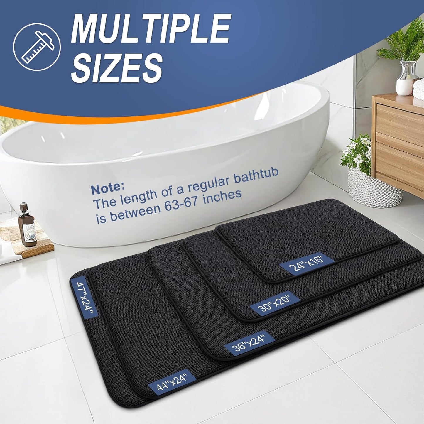 OLANLY Thick Memory Foam Bath Mat Rug 34x21, Extra Soft Absorbent Bathroom Rug, Quick Dry Bath Mats, Non-Slip, Machine Washable Carpet for Bathroom, Tub and Shower, Home Decor Accessories, Black