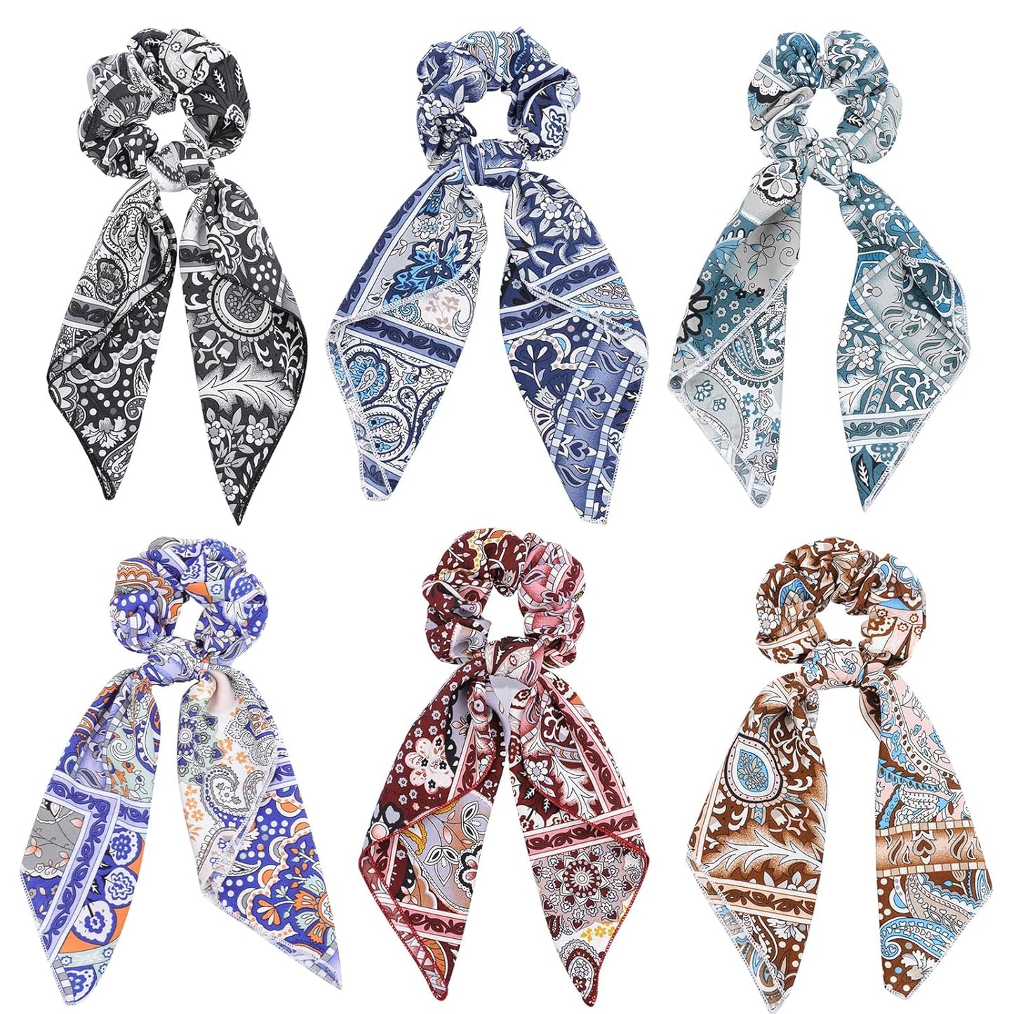 Scrunchie Scarf for Women,6PCS Bow Scrunchie Hair Scarf Ties,2 in 1 Design Paisley Scrunchies Bandanas Ponytail Ribbons,No Hurt Accessories for Thick Hair