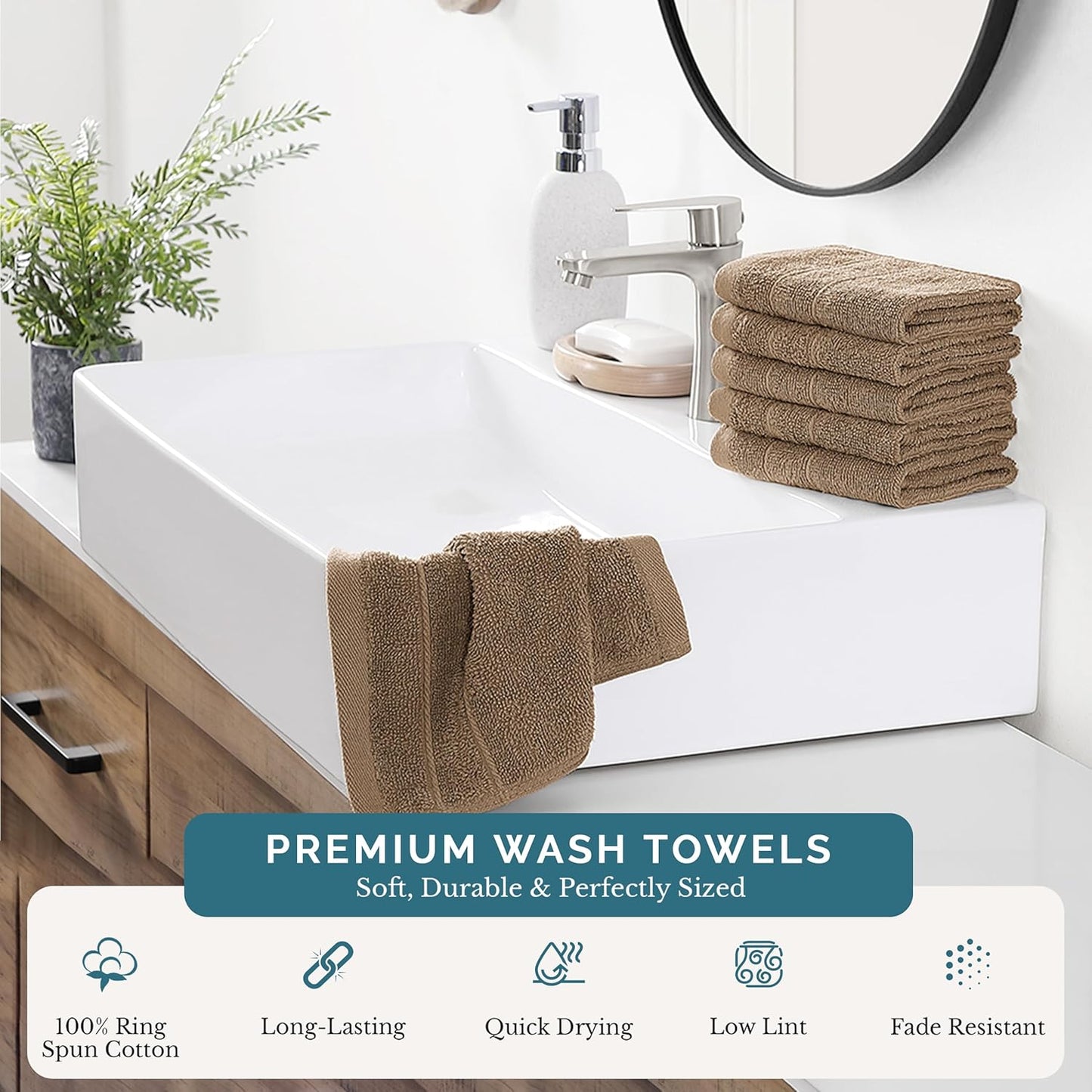 Casa Platino Washcloths 6 Pack - Spa & Salon Quality - 100% Ring Spun Mercerized Cotton Face Towels - Very Soft & Absorbent Wash Cloths for Body, Beauty, Home, Gym - Fingertip Towels - 13"x13", Taupe