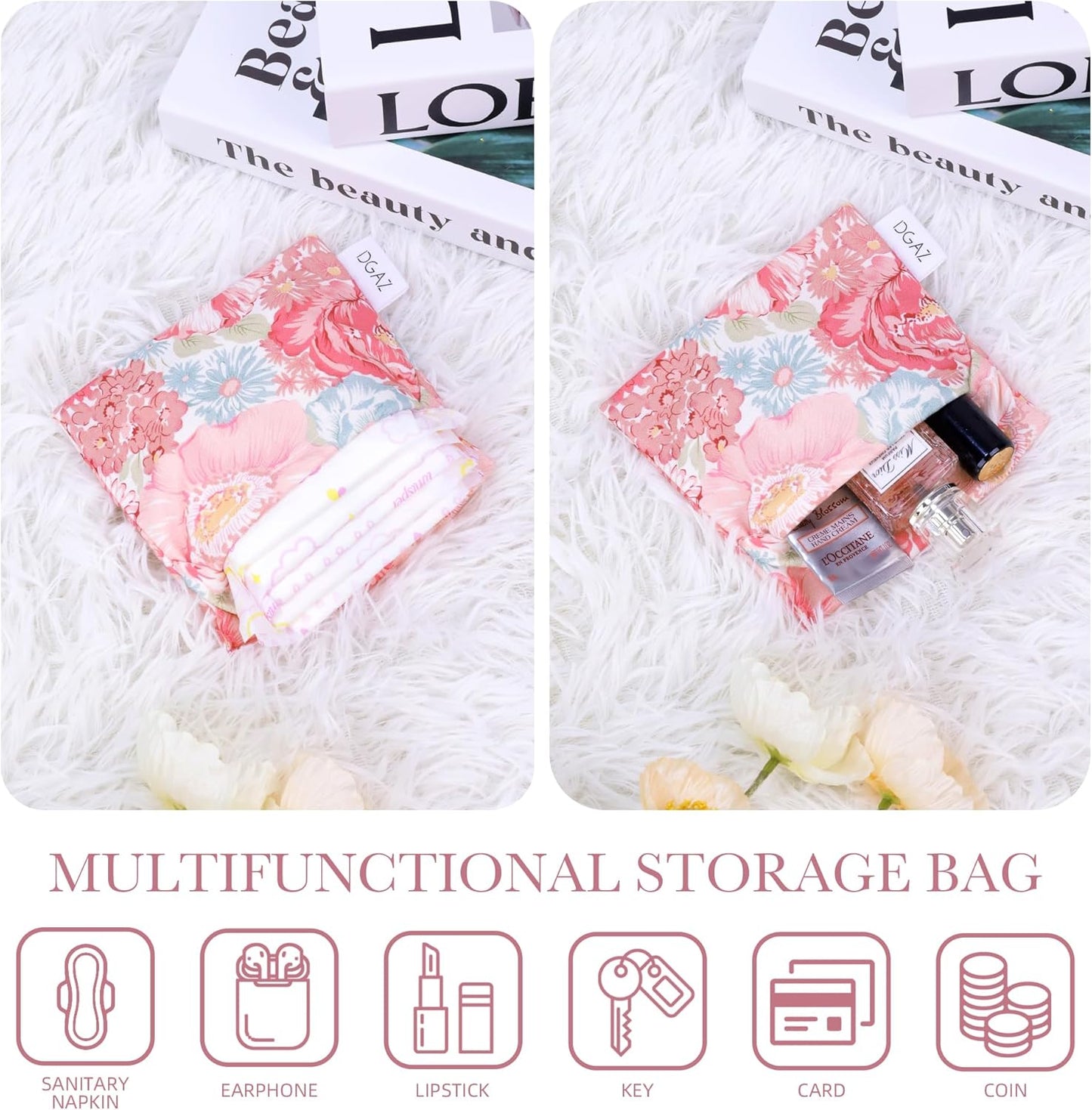 DGAZ Sanitary Napkin Storage Bag, Period Bag for Teen Aged Girls, Portable Period Bag for Panty Liners/Menstrual Cup/Small Tampons，Mini Makeup Bag for Purse(Blooming)