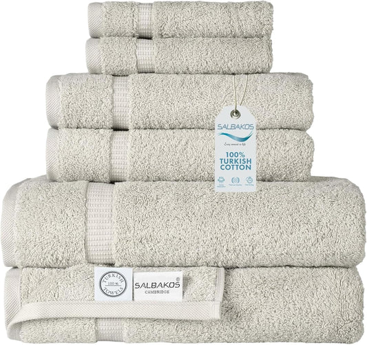 SALBAKOS 100% Turkish Cotton 6-Piece Towel Set | Heirloom Quality Hotel & Spa Collection | Soft, Super Absorbent 2 Washcloth, 2 Hand, 2 Bath Towel Sets | Made in Turkey (Stone, 6 Piece Towel Set)