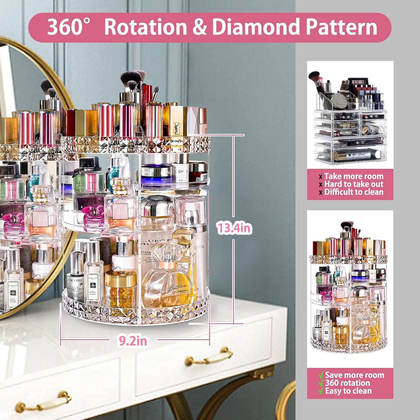 V-HANVER Makeup Organizer Combo - 360° Rotating Makeup Organizer with 7 Adjustable Layers Acrylic Skincare Organizer Large Cosmetic Display Case Clear Perfume Organizer with Makeup Palette Organizer