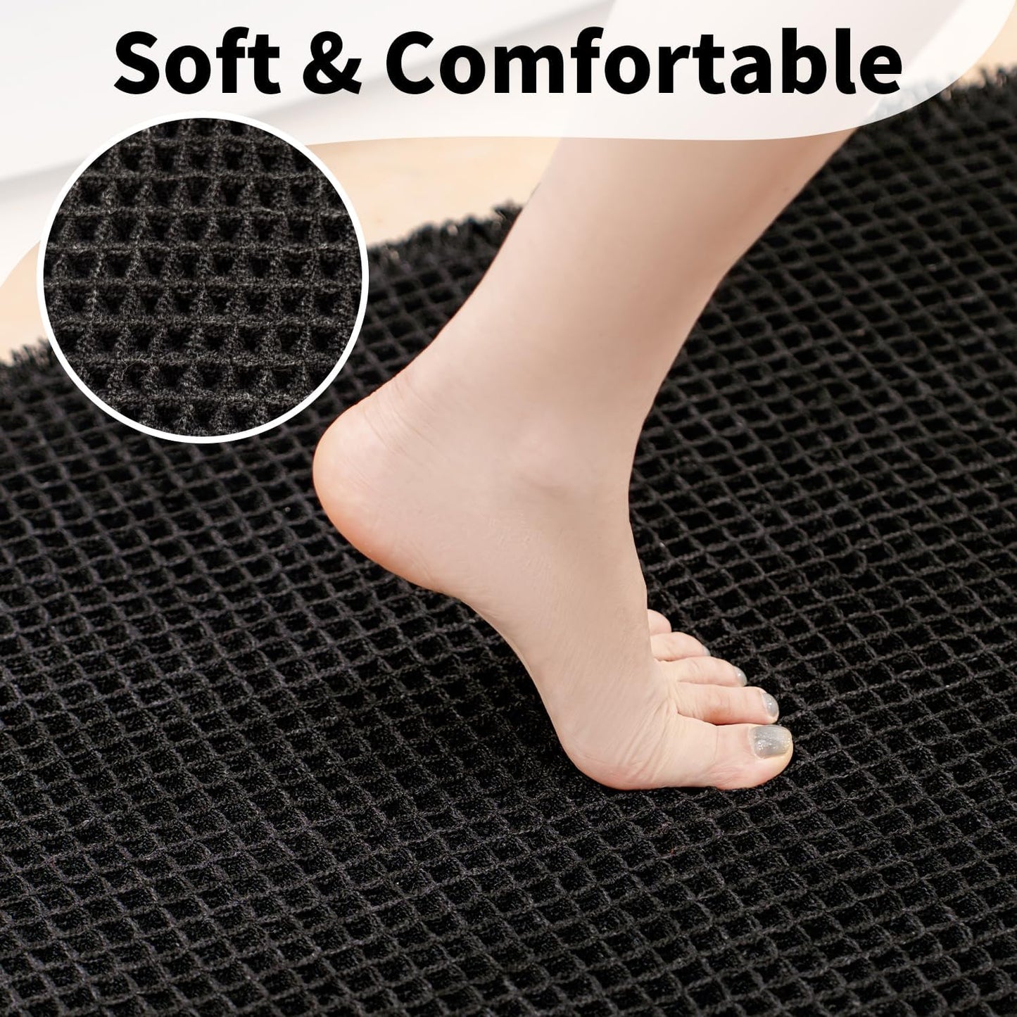 Black Bathroom Rug - Waffle Bath Mat Non Slip Washable, Super Absorbent & Quick Dry, Boho Bath Mat Farmhouse Bathroom Decor, 20'' x 48'', Black