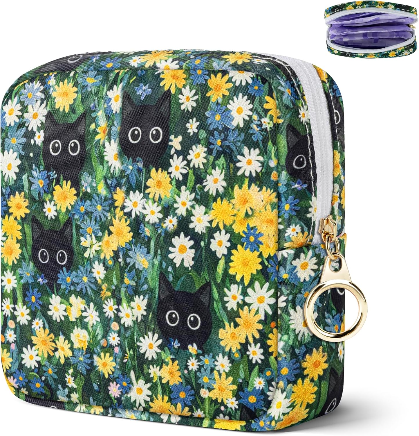 Tampon Holder for Purse, Canvas Period Bag Sanitary Napkin Storage Bag for Girls Womens, Portable Feminine Emergency Pad Period Pouch(Daisy Black Cat)