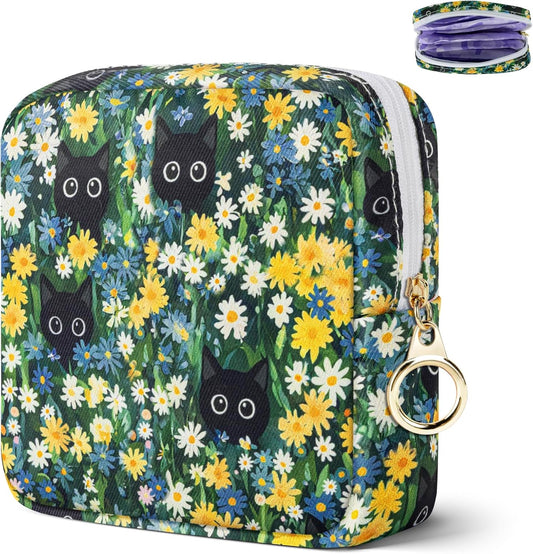 Tampon Holder for Purse, Canvas Period Bag Sanitary Napkin Storage Bag for Girls Womens, Portable Feminine Emergency Pad Period Pouch(Daisy Black Cat)