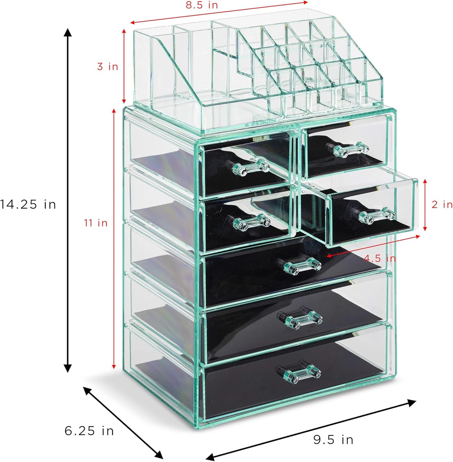 Sorbus Clear Cosmetic Makeup Organizer - Make Up & Jewelry Storage, Case & Display - Spacious Design - Great Holder for Dresser, Bathroom, Vanity & Countertop (3 Large, 4 Small Drawers) [Teal Thrill]