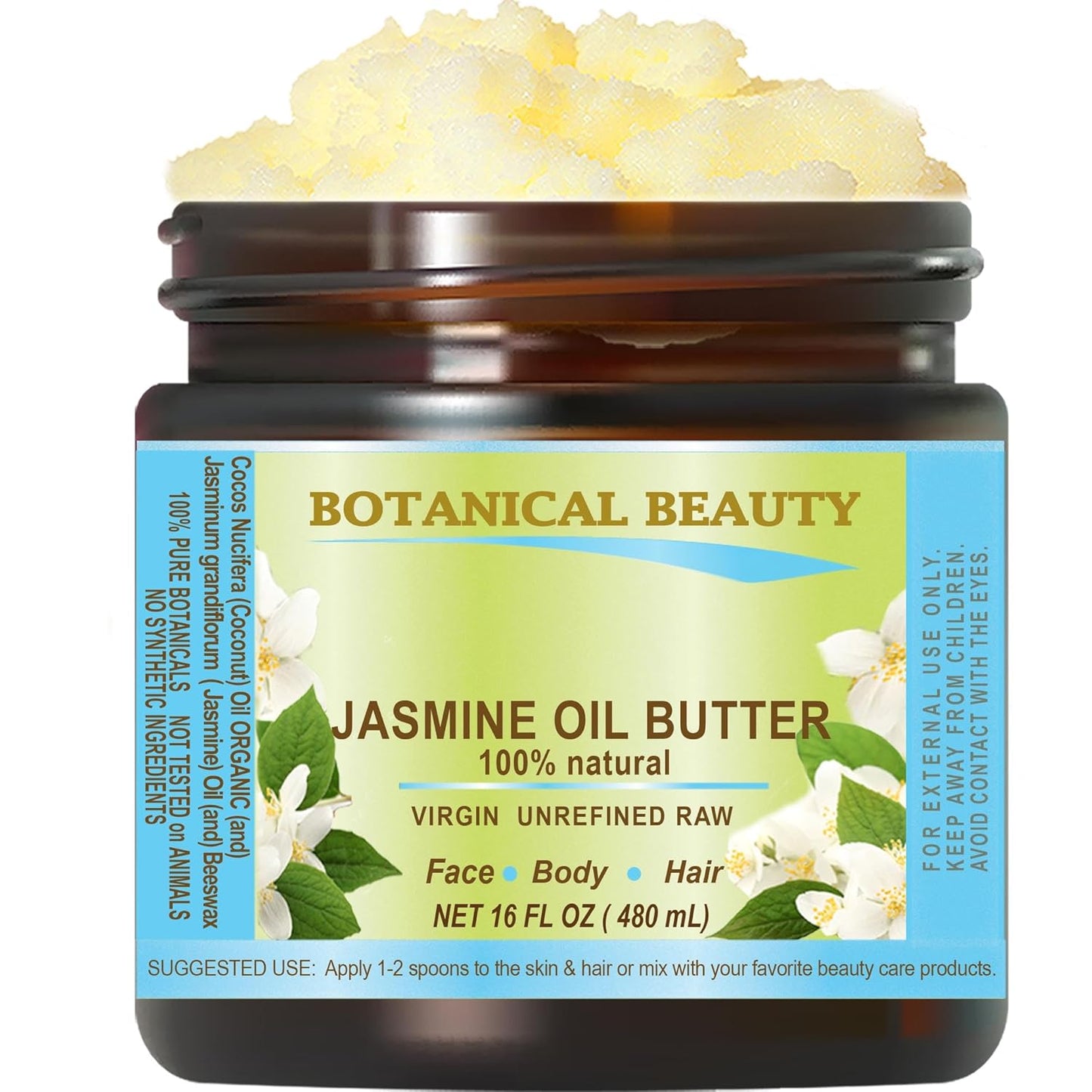 Botanical Beauty JASMINE OIL BUTTER Pure Natural Virgin Unrefined RAW for FACE, SKIN, BODY, DAMAGED HAIR, NAILS. (16 Fl Oz)