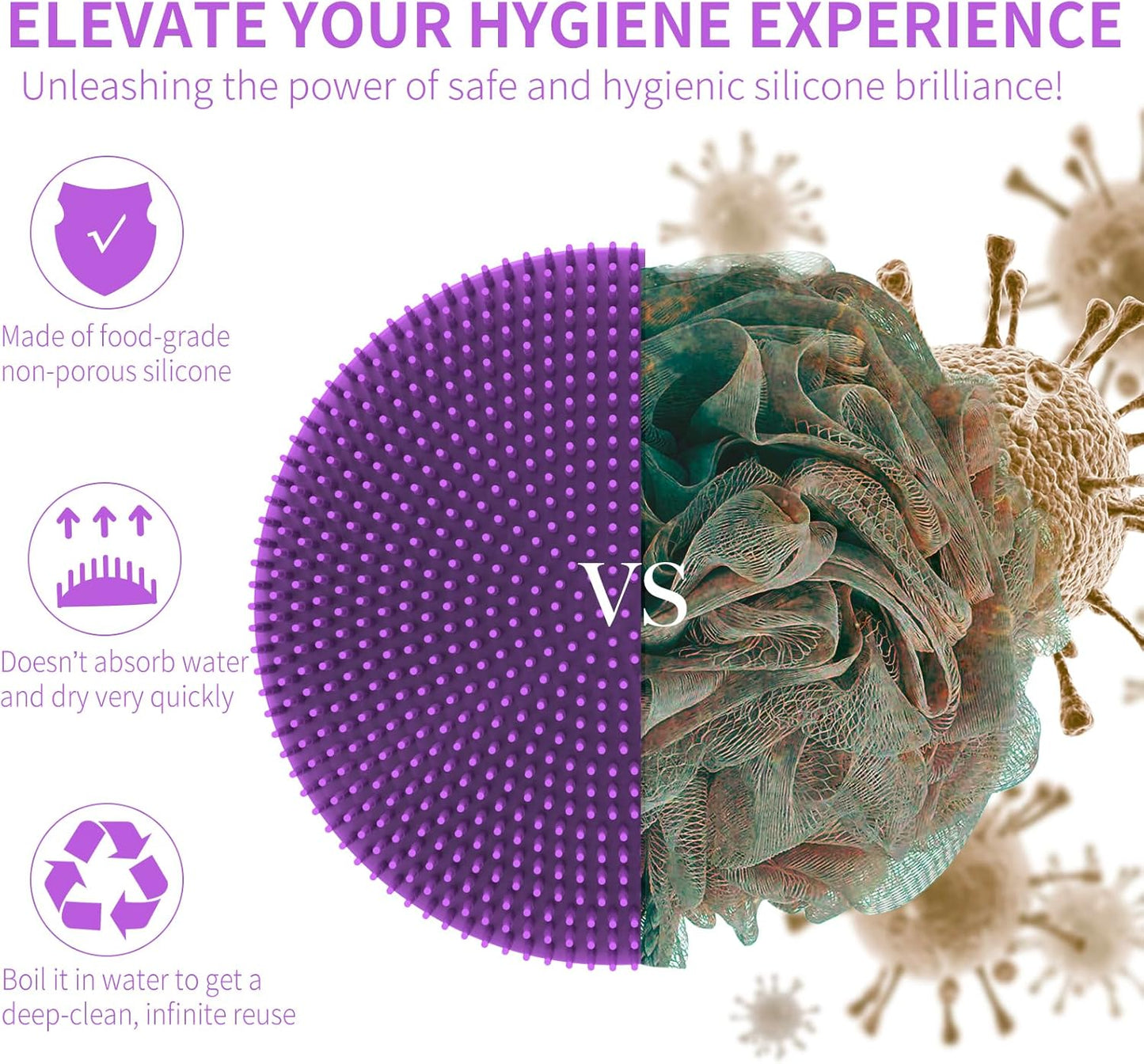 Silicone Body Scrubber, BEAUTAIL Shower Bath Scrubber, More Hygienic Than Traditional Loofah, Lather Nicely, Long Lasting, Gentle Exfoliating Brush for Women Men Baby Sensitive Skin, 1 Pack, Purple