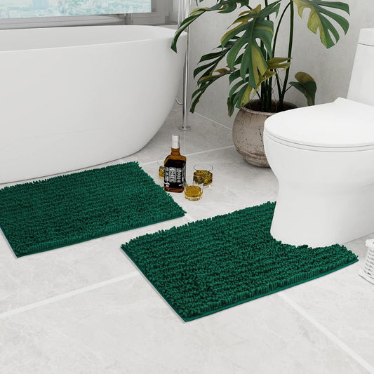 Walensee Bathroom Rug 2 Pieces Set Non Slip Bath Mat (20"x32" Plus 20"x24" U Hunter Green) Water Absorbent Super Soft Shaggy Chenille Machine Washable Dry Extra Thick Perfect Carpet for Shower Floor