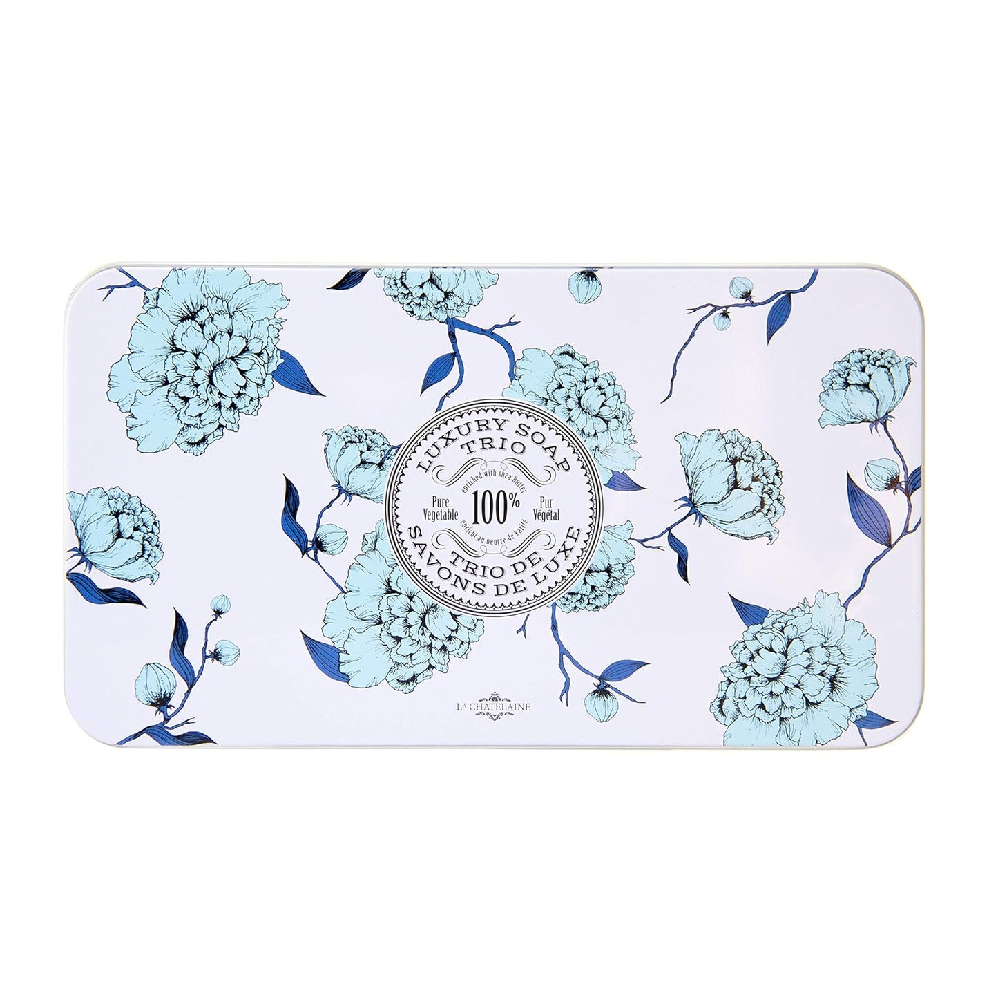 La Chatelaine Luxury Bar Soap Trio Gift Set Tin – Winter White | Made in France | Natural and Organic Soap Bars | Shea Butter Formula | 3 x 7 oz / 200g (Cherry Almond, Coconut Milk, Lychee Bilberry)