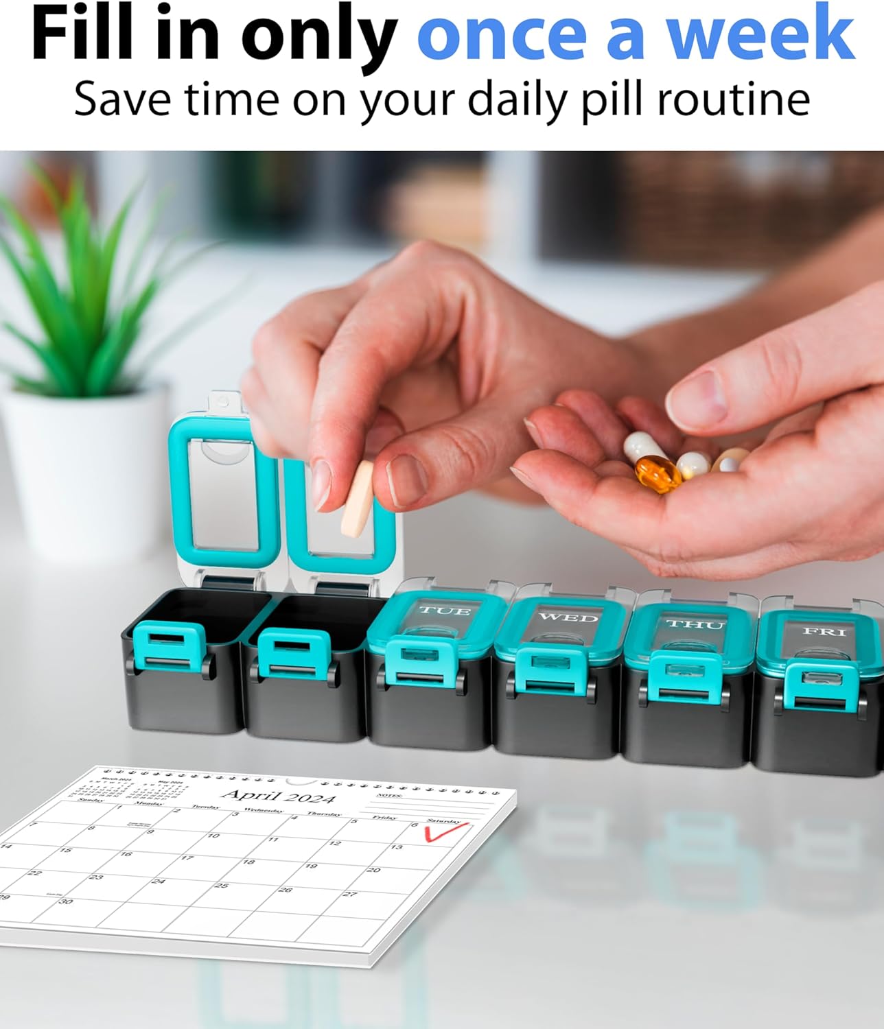 Weekly Pill Organizer 1 time a Day – Pill Box 7 Day with Enhanced Waterproof Seal, Large compartments Hold Big Vitamins & Supplements, Upgraded Locking lids, for Home & Travel use, Durable Hard case