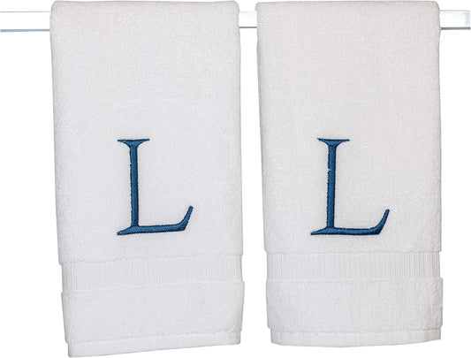 Monogrammed Hand Towels for Bathroom - Luxury Hotel Quality Personalized Initial Decorative Embroidered Bath Towel for Powder Room, Spa - GOTS Organic Certified - Set of 2 Navy Letter L
