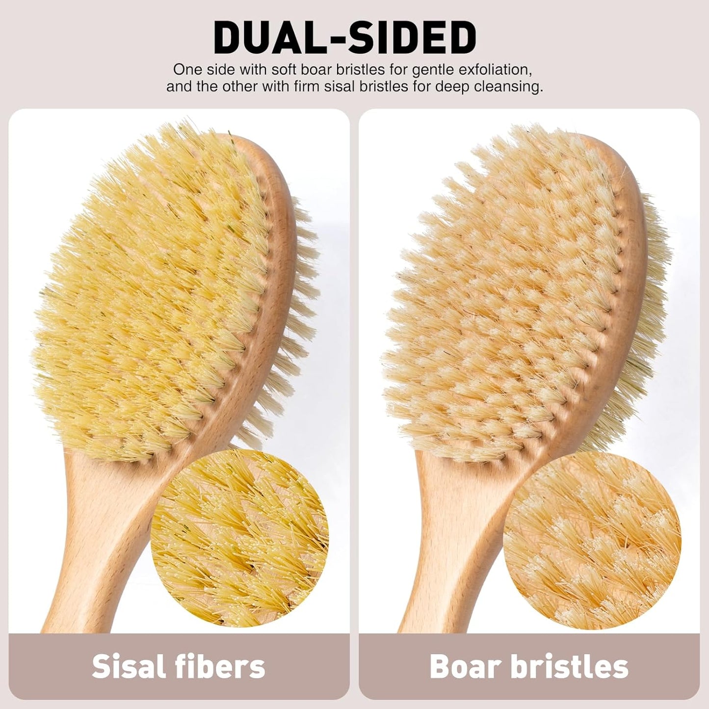Short-Handle Dual-Sided Bath Massage Brush, Soft Boar & Firm Sisal Bristles, Portable (Natural Beech Wood)