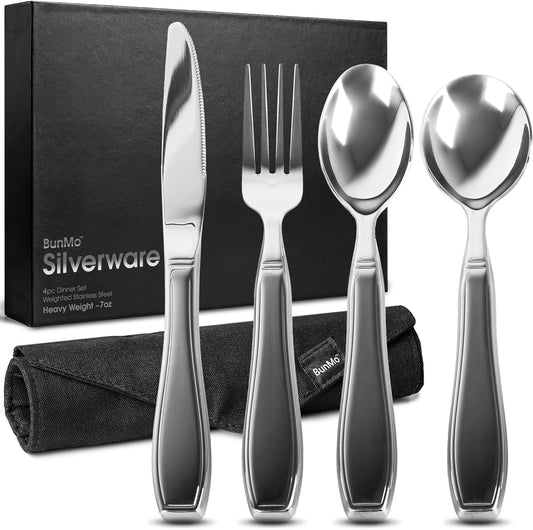 BUNMO Weighted Utensils for Hand Tremors – 4pc Adaptive Utensils for Elderly, Persons w/weak hands – Discreet Travel Wrap, Stainless Steel & Dishwasher Safe – Weighted Silverware Set