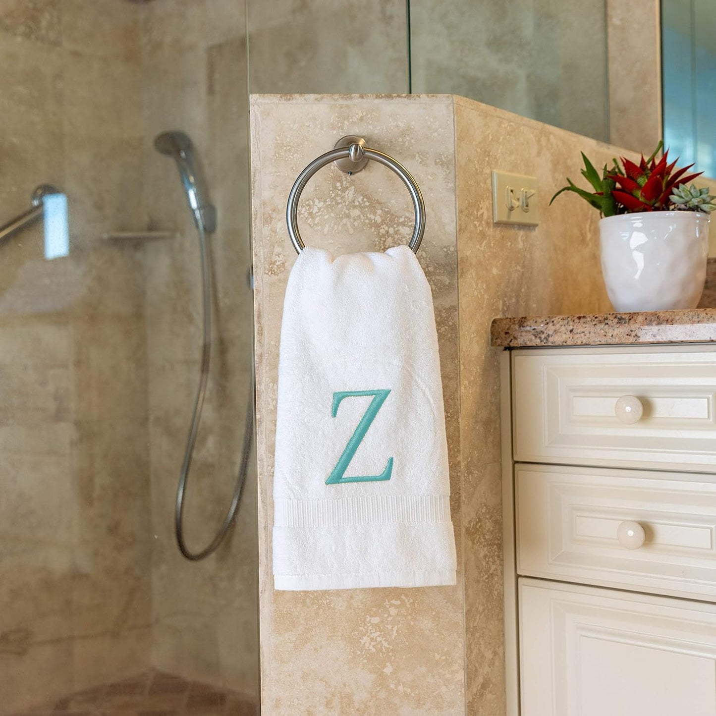White Monogram Hand Towel for Bathroom - Monogrammed Initial Hotel Quality Decorative Embroidered Luxury Towel for Powder Room, Spa - GOTS Organic Certified - Set of 2 Teal Letter Z