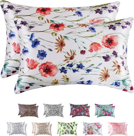 MR&HM Satin Pillowcase for Hair and Skin, Silk Satin Pillowcase 2 Pack, King Size Pillow Cases Set of 2, Silky Pillow Cover with Envelope Closure (20x40, Floral Mixted)