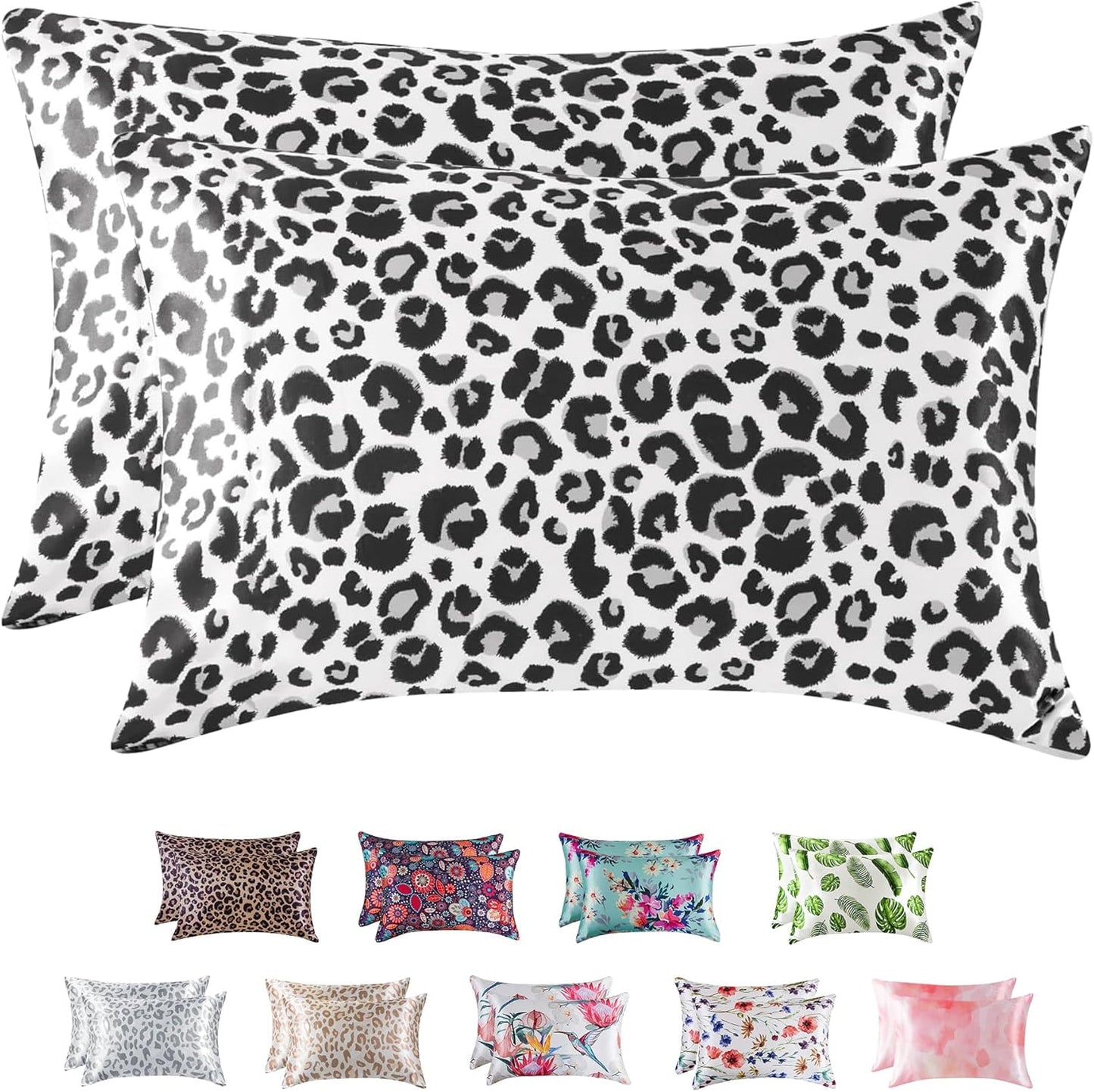 MR&HM Satin Pillowcase for Hair and Skin, Silk Satin Pillowcase 2 Pack, Standard Size Pillow Cases Set of 2, Silky Pillow Cover with Envelope Closure (20x26, White Leopard)