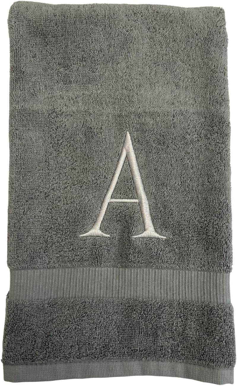Gray Initial Hand Towel for Bathroom - Monogrammed Luxury Hotel Quality Decorative Embroidered Towel for Powder Room, Spa - GOTS Organic Certified - Set of 2 Silver Letter G