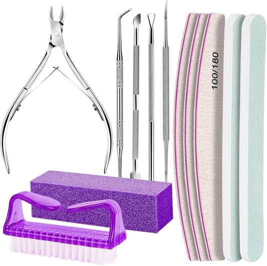 FANDAMEI Manicure and Pedicure Tools Kit, Manicure Kit, Nail Files 100/180, Nail Buffer Block, Nail Cuticle Nippers, Cuticle Pusher, Cuticle Peeler, Ingrown Toenail Tool, Toenail File, Purple