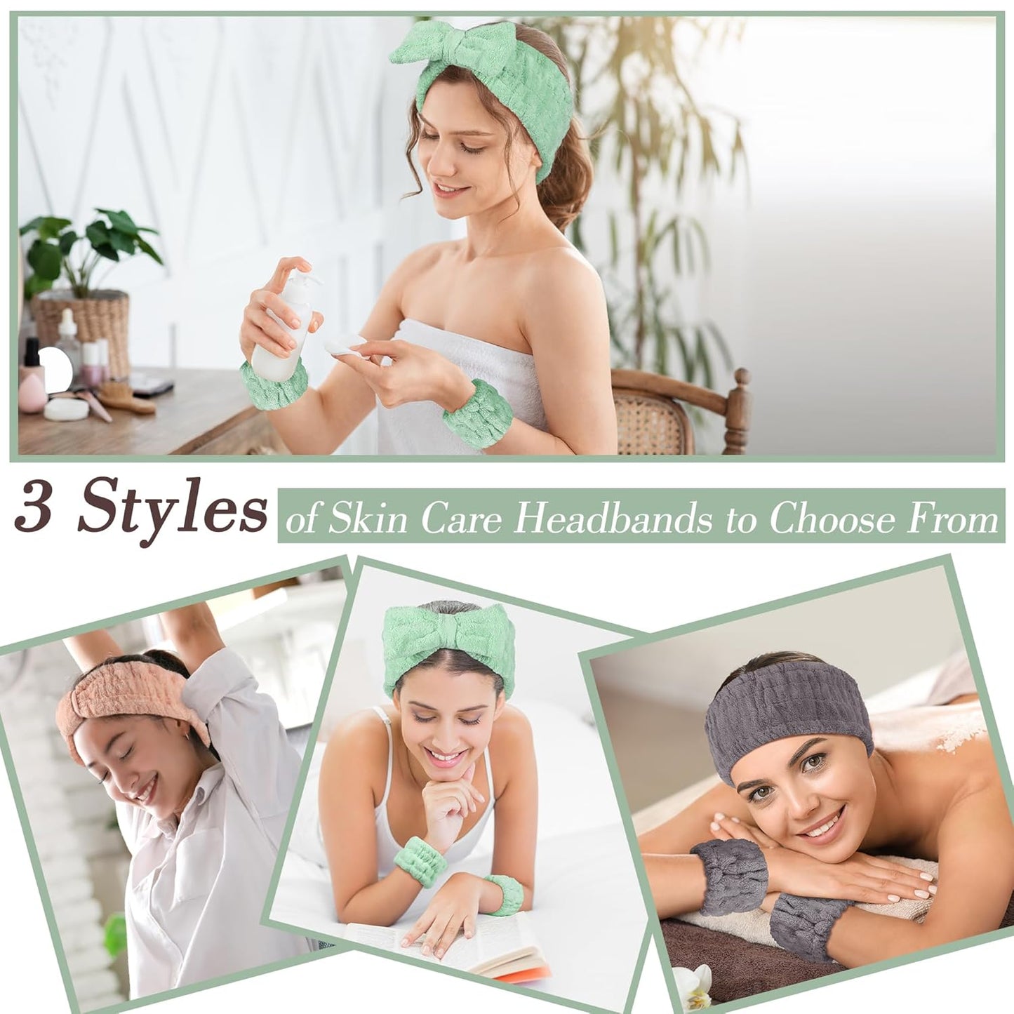 Spa Headband and Wristband Set - 3-Piece Skincare Headbands & 6-Piece Wrist Spa Wristbands for Women,Facial Hairbands for Washing Face, Makeup, Sports, Yoga, Headband for Washing Face