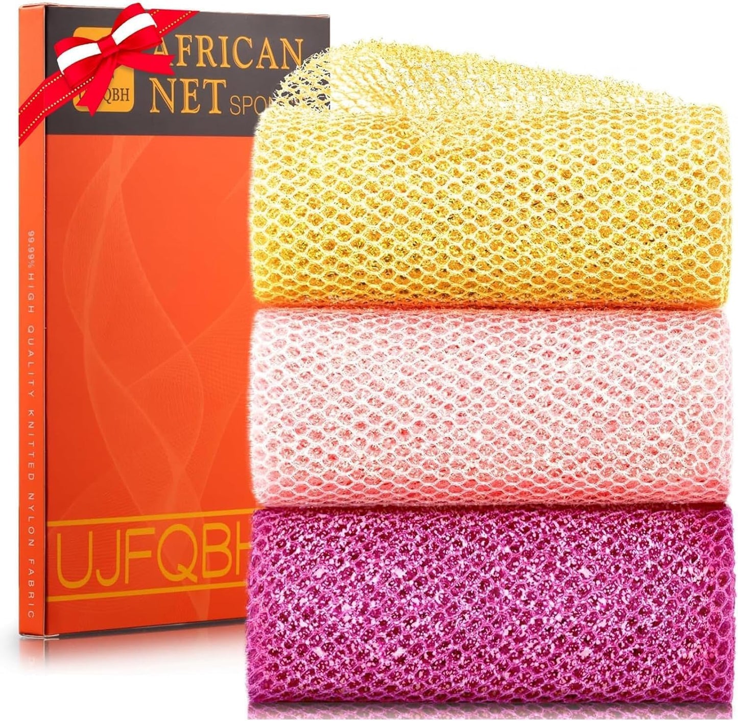 3 Piece Bright Style African exfoliating net Exfoliating Shower Set Long Bath Sponges for Smooth, Refreshed Skin, The Exterior Gleams - Ideal for Daily Use (Bright Yellow, Pink, Purple)
