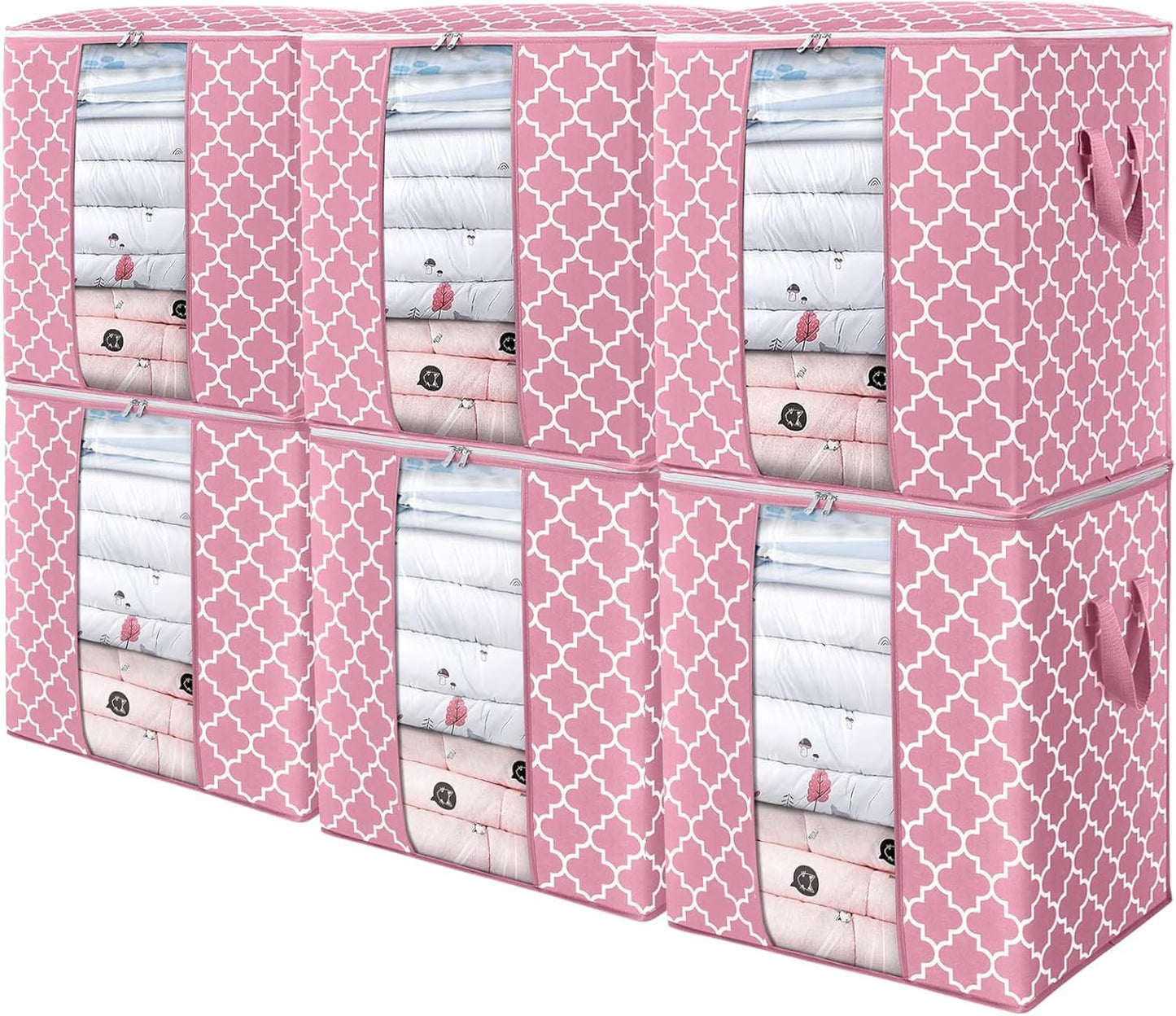 WISELIFE Storage Bags 6 Pack/100L Large Blanket Clothes Organization and Storage Containers for Comforters,Bedding, Foldable Organizer with Reinforced Handle, Clear Window, Sturdy Zippers,Pink