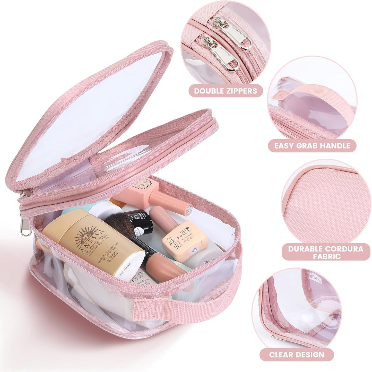 TSA approved small toiletry bag - clear travel pouch carry on case organizer reusable see-through pvc plastic small （pink