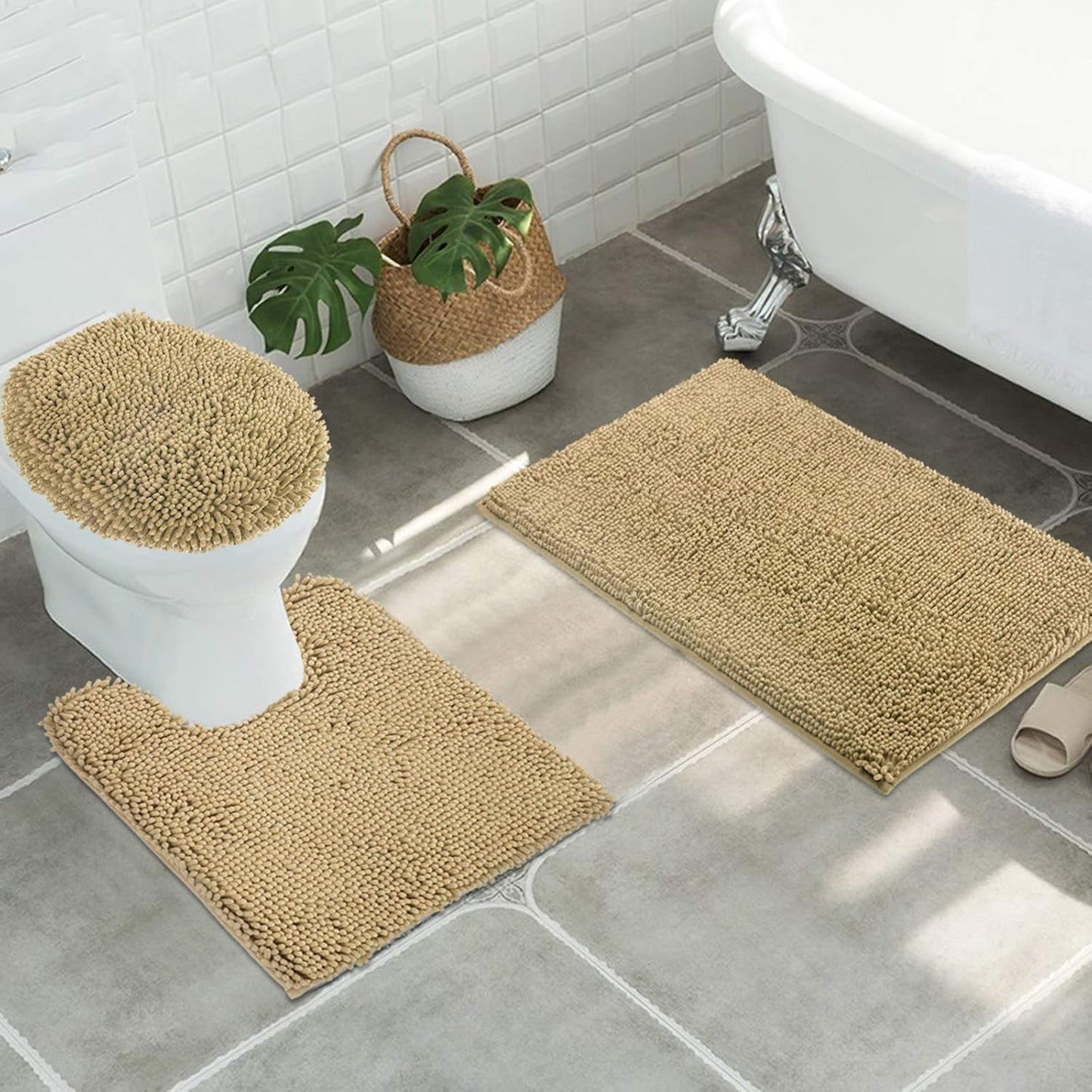 ITSOFT 3pc Non-Slip Shaggy Chenille Bathroom Mat Set, Includes 24 x 21 Inches U-Shaped Contour Toilet Rug, 34 x 21 Inches Bathmat and 1 Toilet Lid Cover, Beige