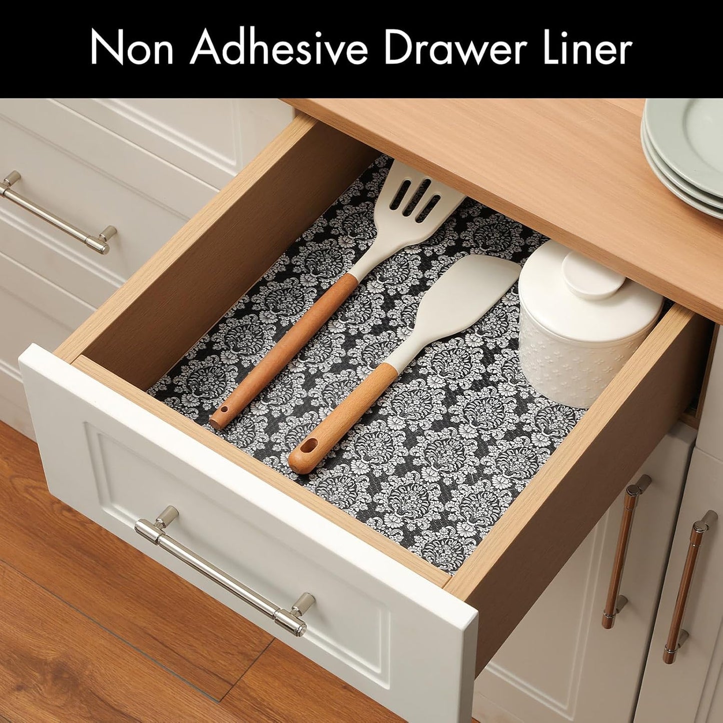 Cooyes Shelf and Drawer Liners for Kitchen Cabinets, Non-Adhesive Cabinet Liners, EVA Waterproof Durable Shelf Paper for Refrigerator, Shelves, Cupboard with European Pattern, Easy to Cut