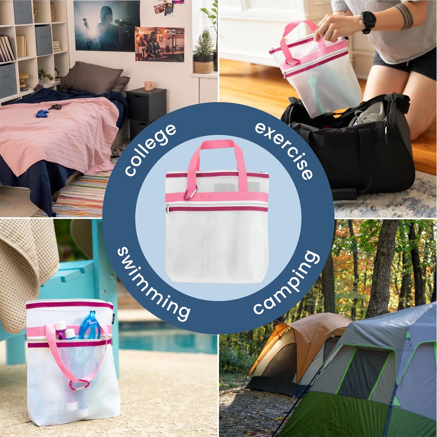 S&T INC. Mesh Shower Caddy, Shower Bag for Dorm Room Essentials, Gym Bag, Camping and More, Two Zippered Pockets, White and Pink, 10 Inches x 10 Inches