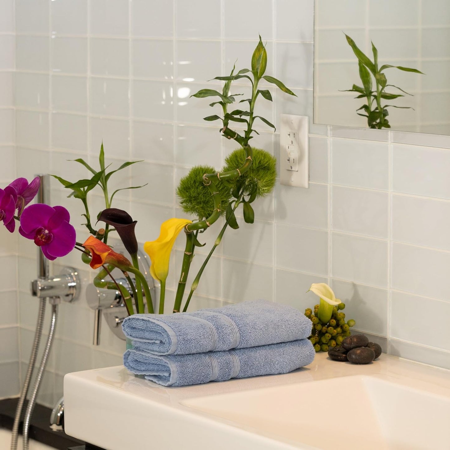 Mosobam Luxury Turkish Set of 2 Hand Towels 16X30 Allure Blue 700 GSM Bamboo Viscose & Aegean Turkish Combed Cotton