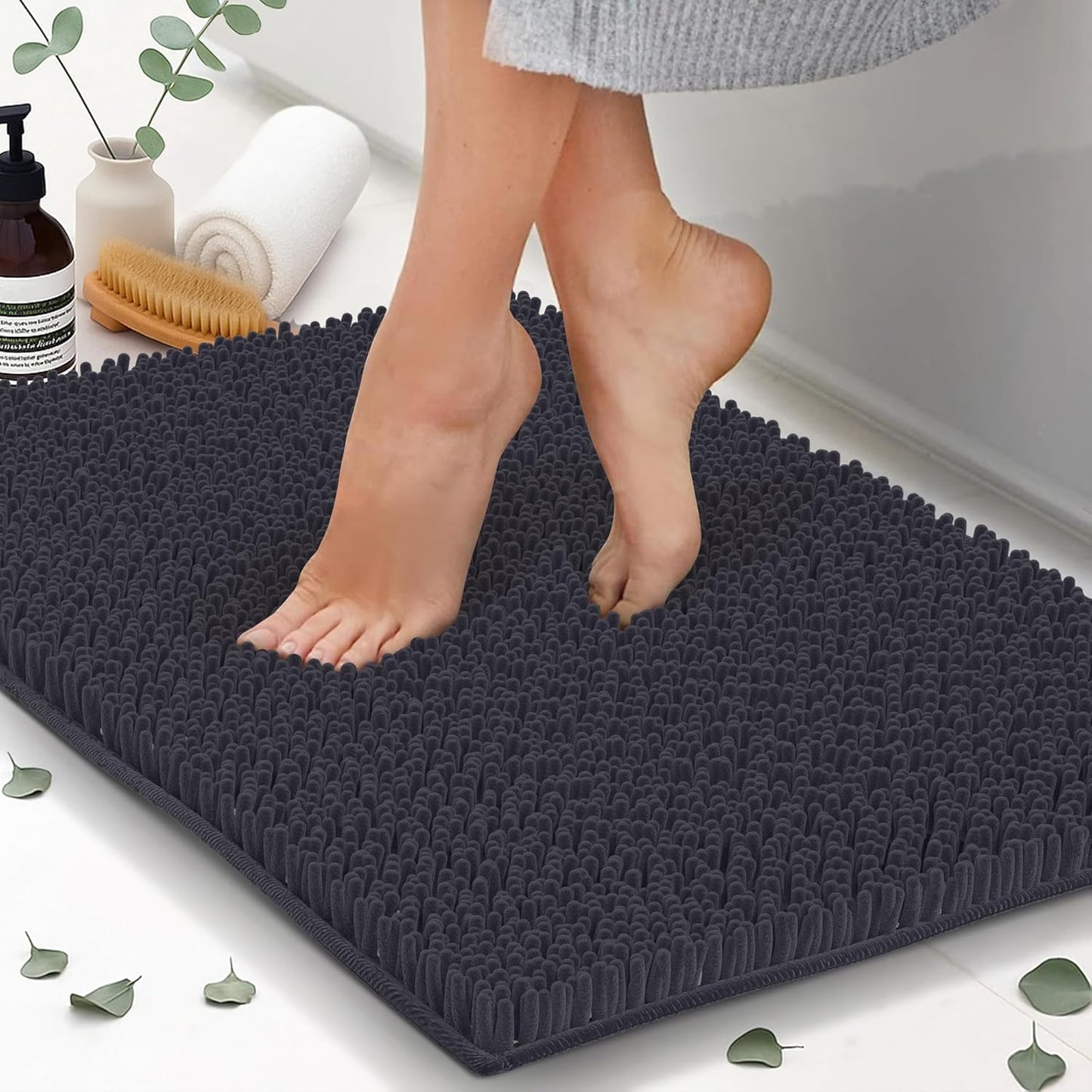ITSOFT Plush Bathroom Rug 25x18, Absorbent Machine Washable Non Slip Chenille Bath Mats, Quick Dry Bathmat, Bath Rugs for Bath, Shower, Bedroom, or Door Mat, Black