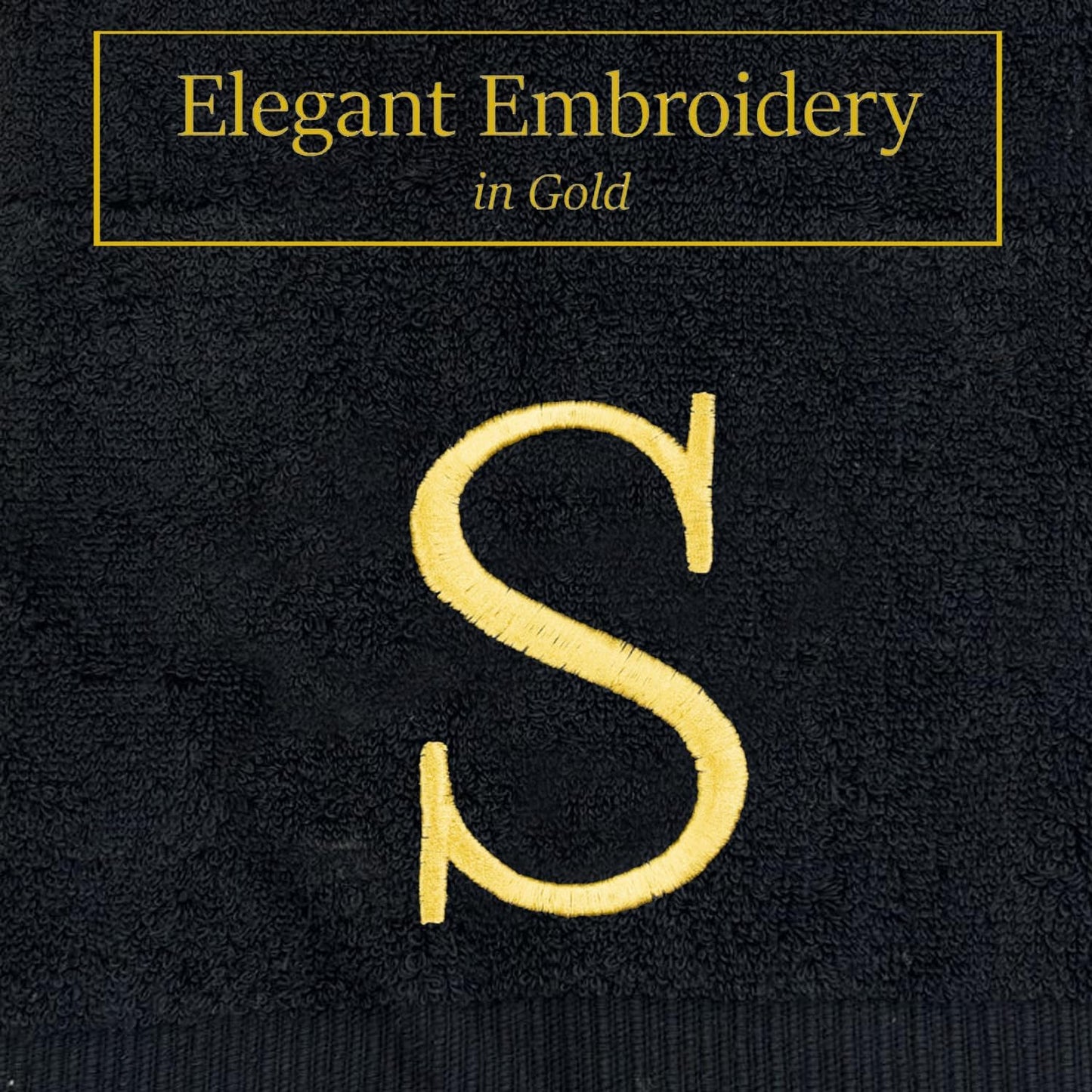 Black, Letter Hand Towel for Bathroom - Monogrammed Initial Hotel Quality Decorative Embroidered Towel for Powder Room, Spa - GOTS Organic Certified - Pack of 2 - Letter S