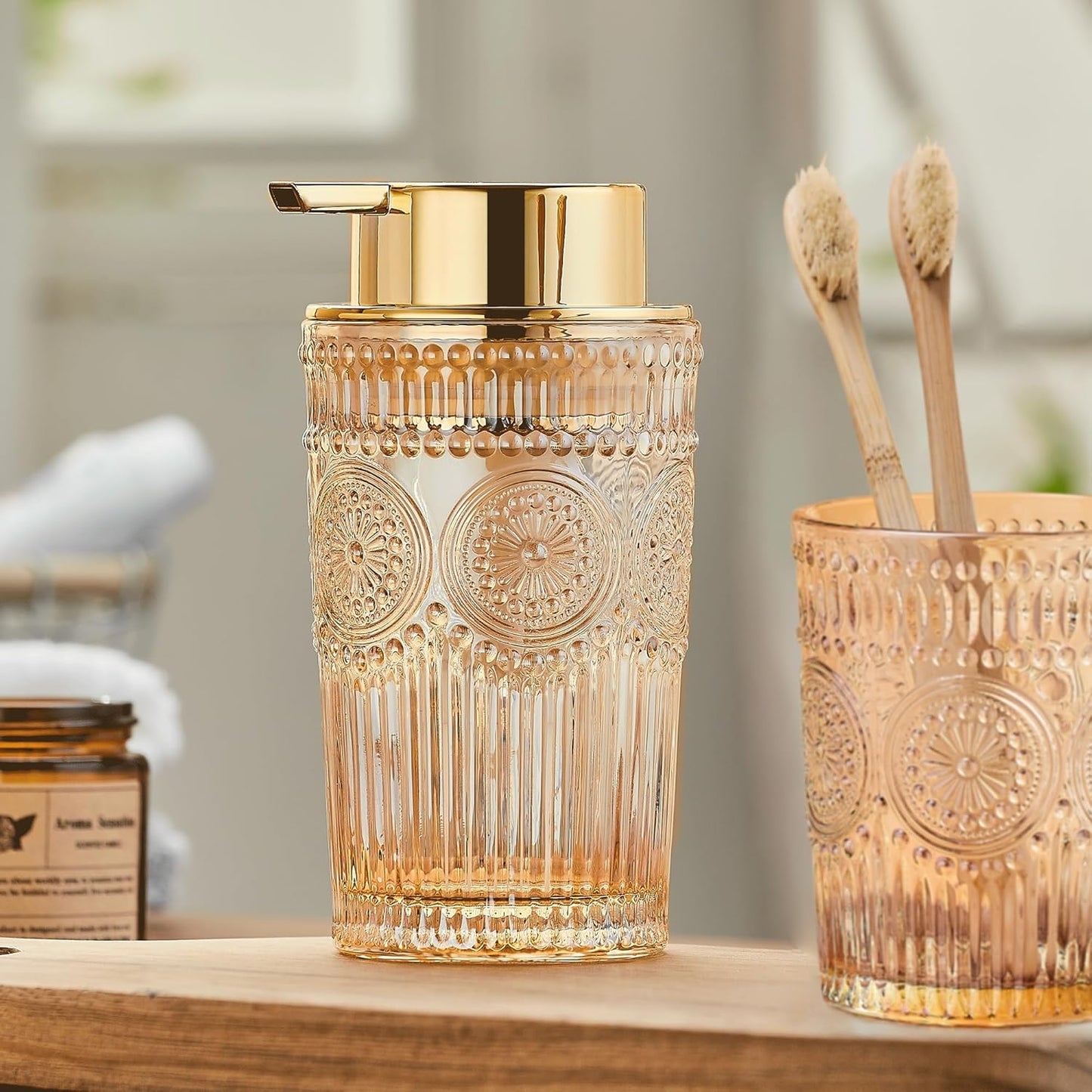 Foaming Hand Soap Dispenser, Glass Foam Toothbrush Holder, Refillable Liquid Lotion Dispenser (L-Gold-Lotion)