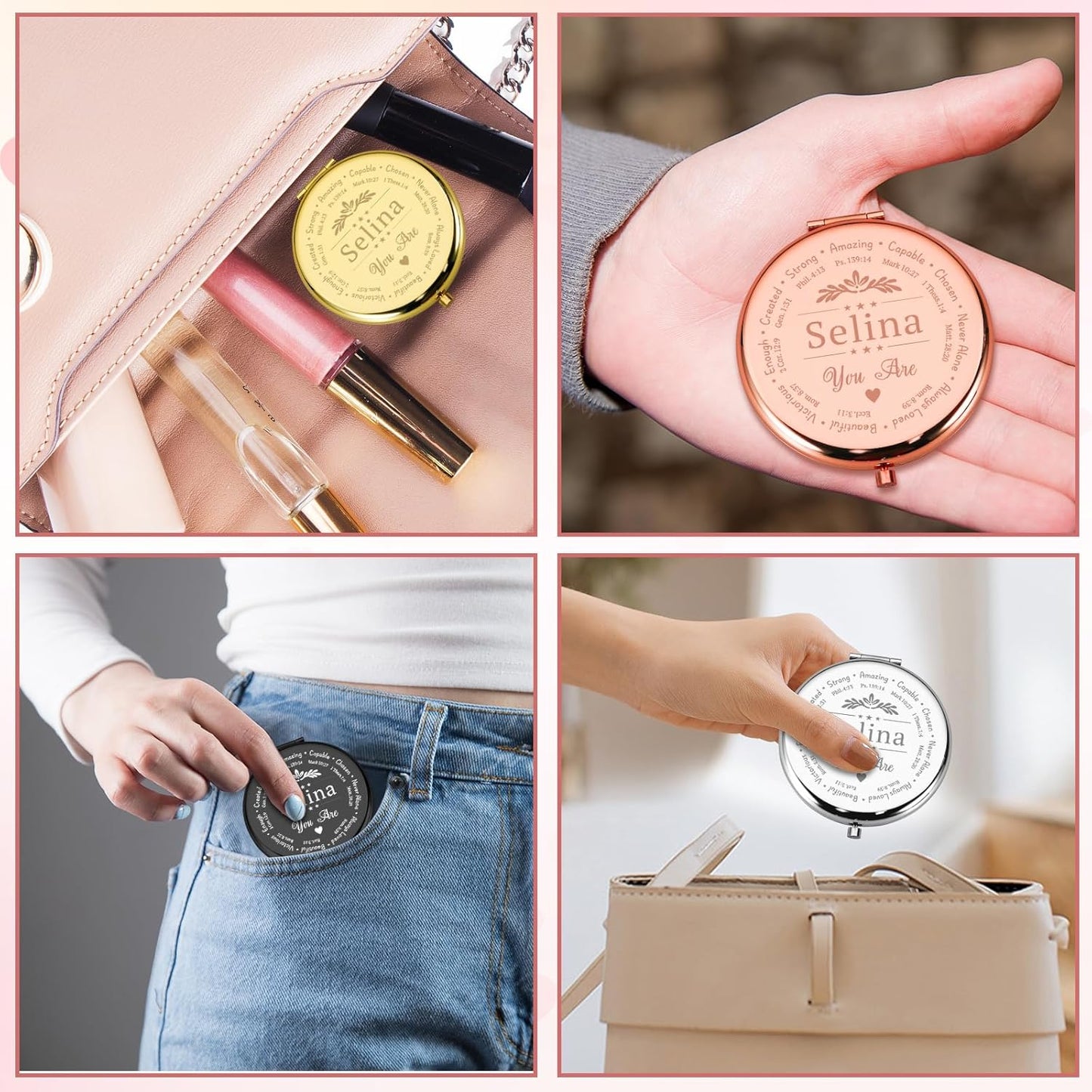 Personalized Inspirational Compact Mirror, Custom Name Christian Compact Mirrors Bulk, Double-Sided 1X/2X Magnifying Pocket Makeup Mirrors, Religious Gift for Women Sister Friend Girl, Birthday Gifts