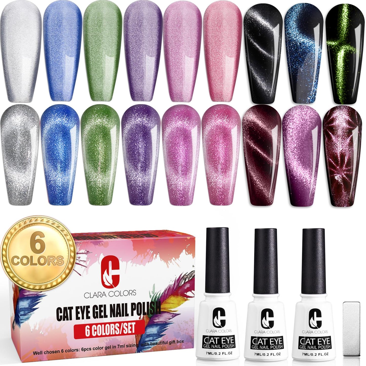 Clara Colors Cat Eye Gel Nail Polish Set of 6 Colors Magnetic Nail Polish Set Holographic Glitter 9D Galaxy Series Cat Eye Gel Polish Set with 1 Magnet Stick for Home DIY Soak Off UV LED