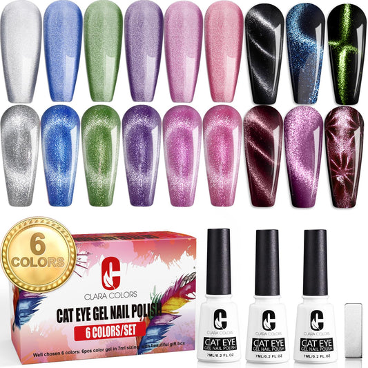 Clara Colors Cat Eye Gel Nail Polish Set of 6 Colors Magnetic Nail Polish Set Holographic Glitter 9D Galaxy Series Cat Eye Gel Polish Set with 1 Magnet Stick for Home DIY Soak Off UV LED