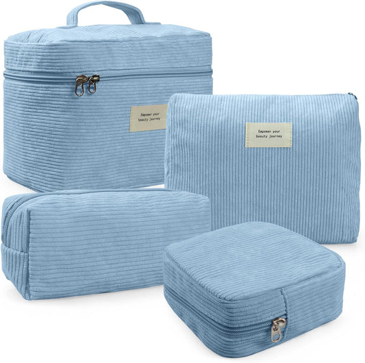 4 Pcs Makeup Bag for Women Corduroy Cosmetic Bag Aesthetic Cute Bags Multi Size Purse Pouch Travel Toiletry Bag Set Makeup Organizer with Zipper (07-Blue)