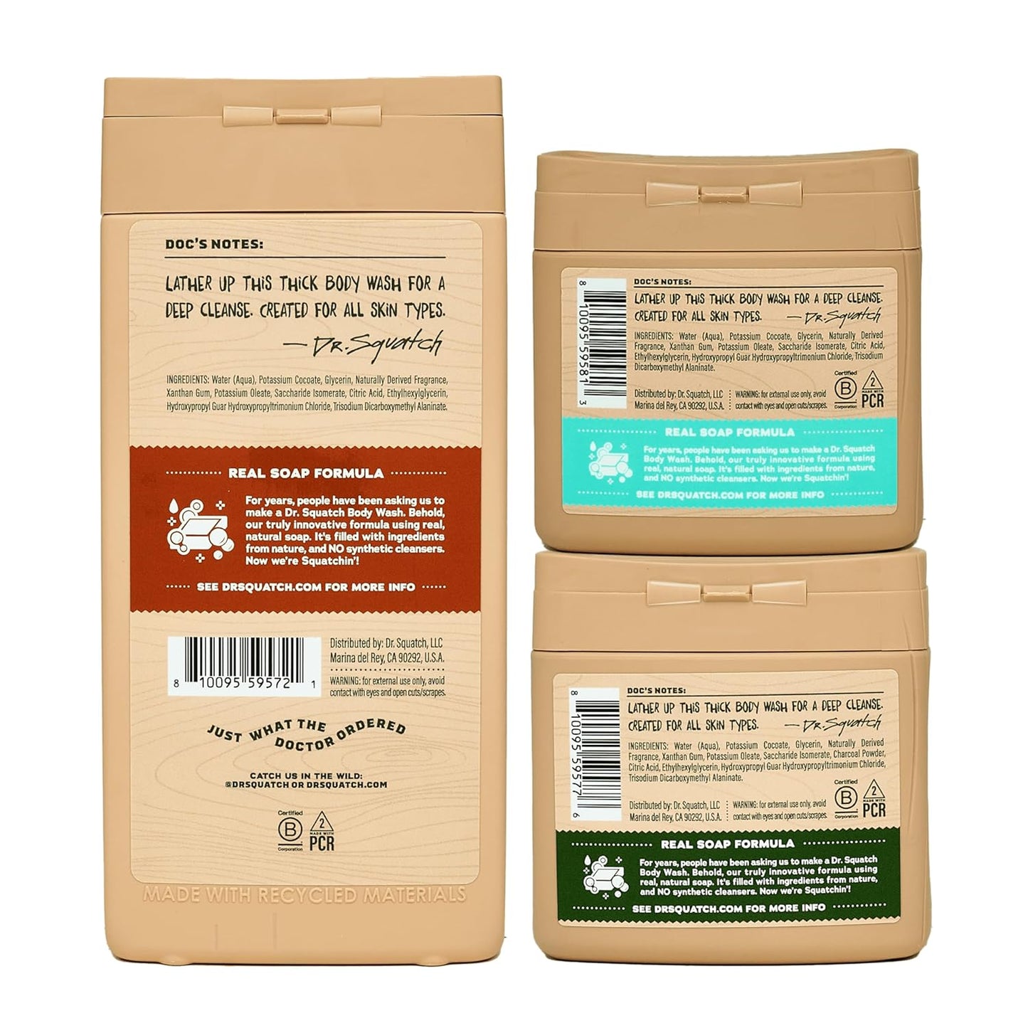 Dr. Squatch NEW Body Wash for Men with Nourishing, Natural Ingredients | No Paraben, Phthalate, Sulfate | Wood Barrel Bourbon (14 oz), Coconut Castaway & Pine Tar (8 oz, 2-Pack) & Body Scrubber