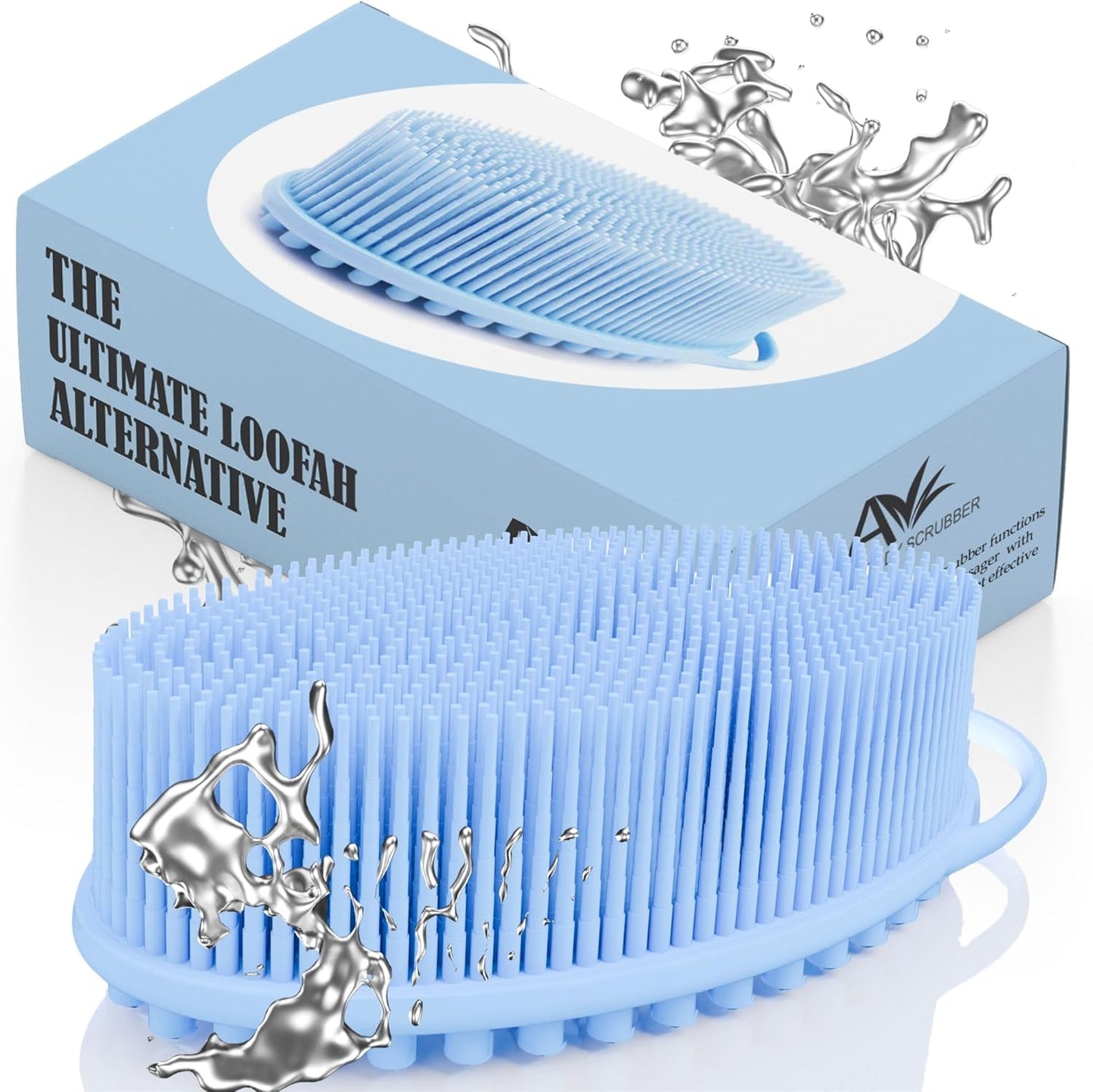 Avilana Silicone Body Scrubber - Food Grade & Lab Tested, Gentle Exfoliating Shower Brush for All Skin Types, Hygienic Quick-Dry Loofah Alternative (Blue, Massage-Silver)