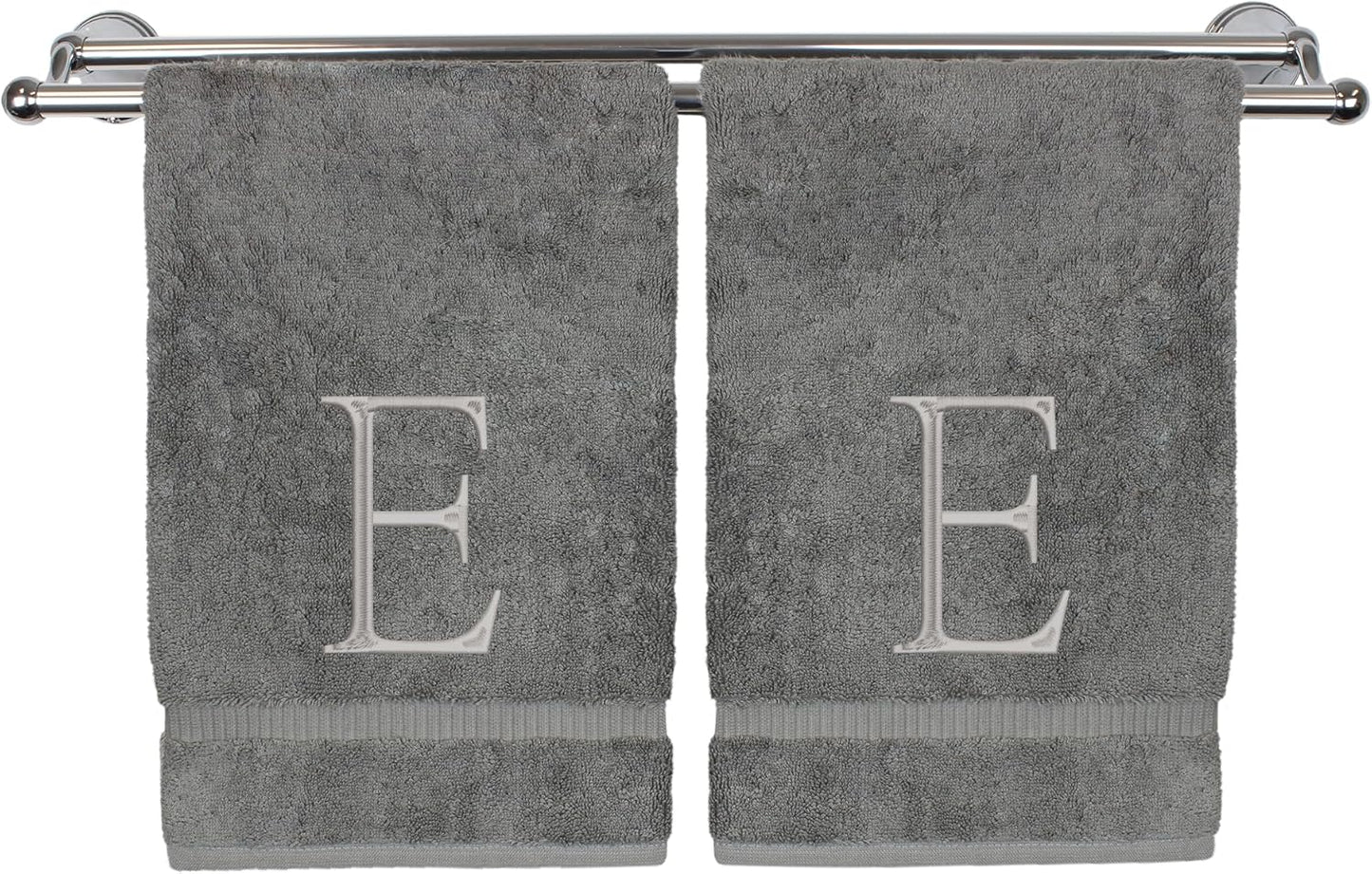 Monogrammed Hand Towel, Personalized Initial Gift, Extra Absorbent 100% Turkish Cotton - Soft Terry Finish - Set of 2 - Silver Block Initial E - Embroidered on Grey Towels