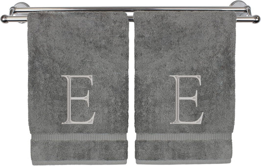 Monogrammed Hand Towel, Personalized Initial Gift, Extra Absorbent 100% Turkish Cotton - Soft Terry Finish - Set of 2 - Silver Block Initial E - Embroidered on Grey Towels