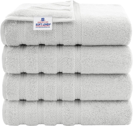 American Soft Linen Luxury 4 Piece Bath Towel Set, 600 GSM 100% Cotton Turkish Bath Towels for Bathroom, 27x54 in Large Bathroom Shower Towels, Silver Grey