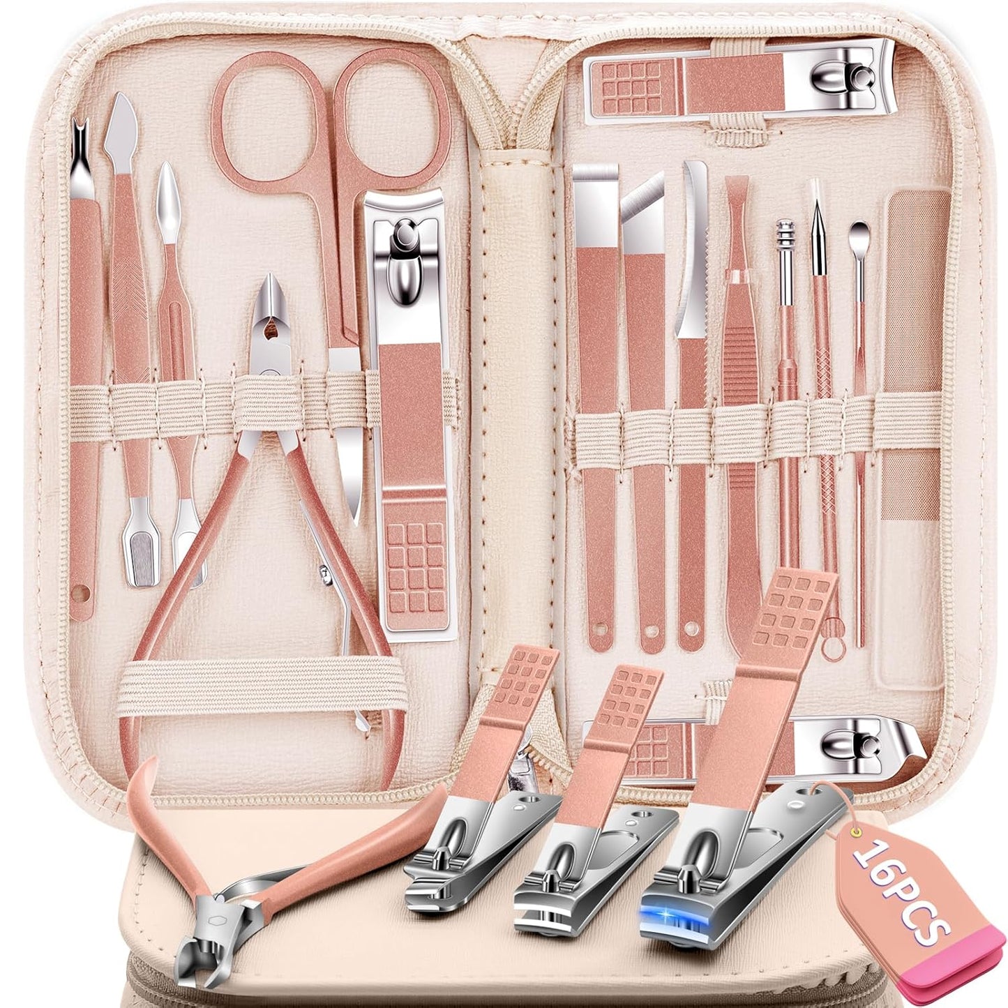 Manicure Set 16Pcs Professional Stainless Steel Pedicure Kit Mens Grooming Kit Fingernail & Toenail Clippers Set Manicure Kit with Luxurious Travel Bag, Sharp Nail Scissors and Clipper (Pink)