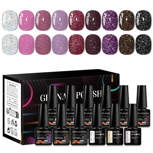 MEET ACROSS 9 Colors Gel Nail Polish + 3PCS Function Gel Nail Polish Kit,Fashion Nail Art Set Design Gifts for Women Manicure Salon (SET23, 12pcs)